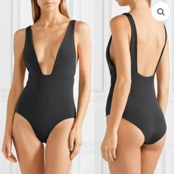 Mara Hoffman‎ Deep Plunge Front One Piece Bathing Suit (Audrey) Black NWT Small - Picture 2 of 12